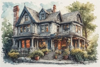 create house and building photo into watercolor art