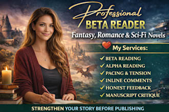 beta read your fantasy, romance, or sci fi novel with constructive feedback
