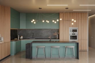 create realistic 3d kitchen design and interior rendering