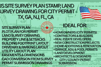 us site survey plan stamp, land survey drawing for permit tx, ga, nj, fl, ca