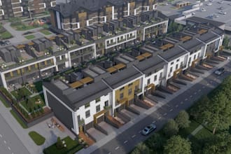 model modern residential complex, townhouse development, urban community render