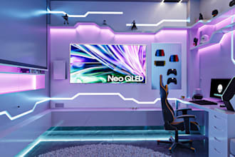 gaming room interior design and 3d rendering
