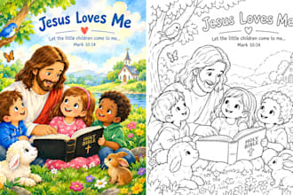 watercolor children book, coloring book, christain book, picture book