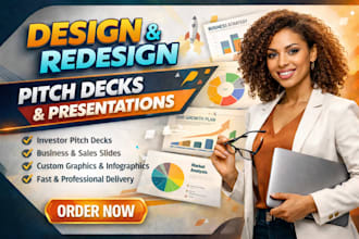 design, redesign pitch deck, powerpoint presentation, google slides and canva