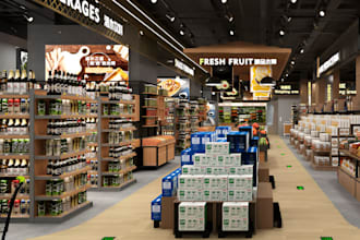 design 3d  supermarket store, 3d boutique, retail store interior with rendering