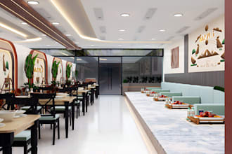 render 3d restaurant interior, exterior, 3d cafe design, shop, with 3d rendering