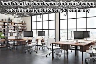 do office workspace interior design, exterior design,  kitchen 3d rendering