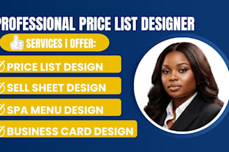 design product price list, sell sheet, pricing guide, chart price and spa menu
