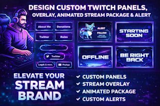 design custom twitch panels, twitch overlay, animated stream package and alert