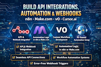 build apis integrations, automation webhook in n8n, make com, v0, cursor ai