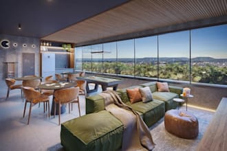 redesign 3d lounge interior, open space living, funhouse render, cozy apartment