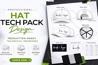 create hat and cap tech packs with 3d mockups and flat sketches