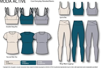 design activewear tech pack with technical drawing and flat sketch