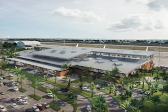 present 3d airport building exterior, spacious terminal, passenger lounge render