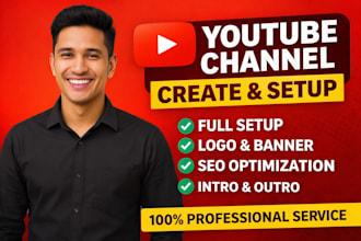 create, setup youtube channel with logo, banner, intro, outro