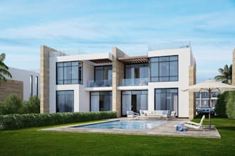rebuild villa exterior, rooftop terrace, contemporary interior, pergola,uk house