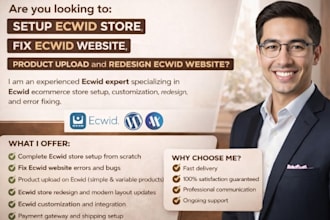 setup ecwid store, fix ecwid website, product upload and redesign ecwid website