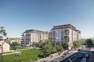 revitalize 3d housing development,multi story building,balcony,highend rendering