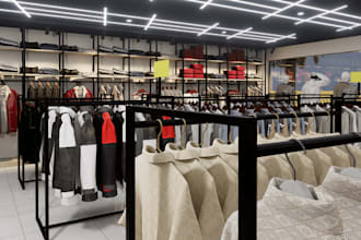 render 3d modern outlet store interior,display shelve,mall design,cgi shopfrront