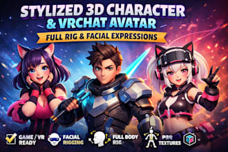 create stylized 3d character vrchat avatar with full rig and facial expression