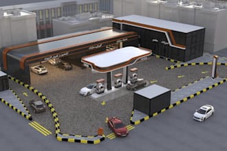revamp 3d gas station,fuel pump,retail store,oil changes,car park,service render