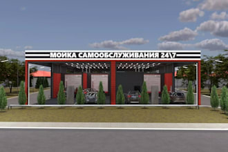 3d carwash blueprint,ev charging,cgi exterior,waiting lounge,filtration unit
