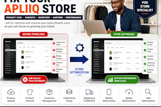 fix apliiq product sync and apparel store issues, variants, and inventory, SEO