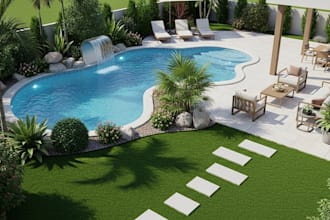 design modern backyard landscape with pool and patio in 3d
