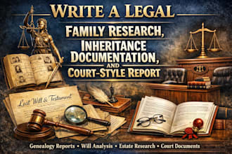 write a legal family research, inheritance documentation, and court style report