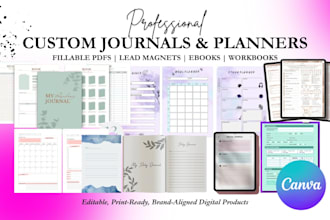 do custom journal design fillable pdf ebook design cover planner, lead magnet