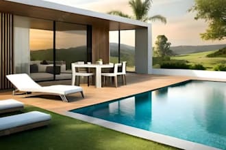 design a modern luxury swimming pool with 3d rendering