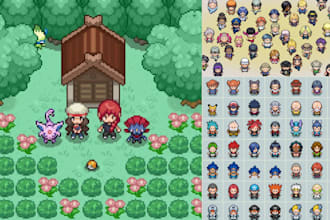 create pokemon gen 3, 4, 5 pixel tileset, tilemap, overworld sprite for rpg game