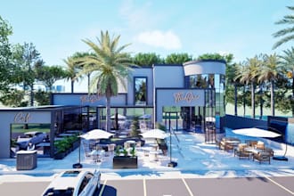 streamline 3d cafe facade exterior,coffee shop design,restaurant render,rooftop