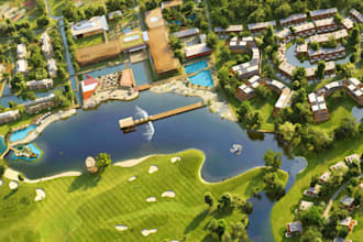 remodel golf course plan, render indoor golf playground, interior golf dome, cgi