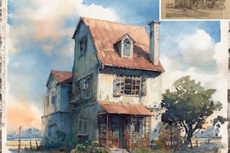 create handmade watercolor painting of house