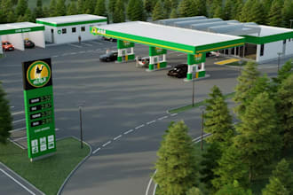 3d gas station,exterior design,car wash,convenience store,park,service station