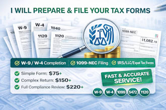 file your US business tax return 1120, 5472, w3 and wp forms