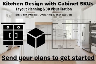 kitchen design and 3d rendering with cabinet sku specification in 2020 design