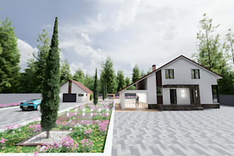 create 3d garage design, custom outdoor parking lot, 3d patio, pergola rendering