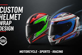 do custom design helmet wrap for motorcycles, sports helmets mockup iracing