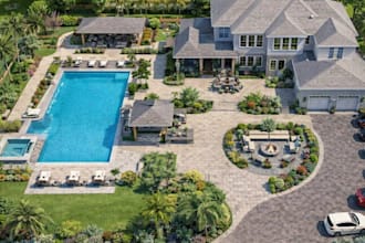 3d landscape design and site plan with outdoor kitchen visualization