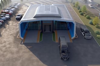 automated robotic car wash station exterior,cgi parking space design,washing bay
