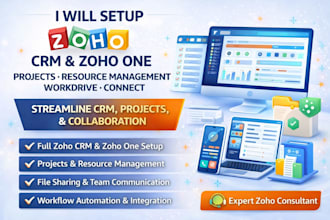setup zoho crm, zoho one, projects, resource management, workdrive, connect