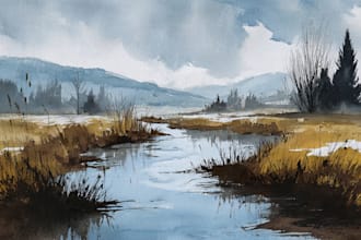 handrawn watercolor landscape on paper