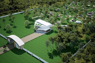 multifunction eco living community area,cabin house building,outdoor green space