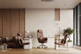 redesign office interior rendering, 2d architecture plan, workspace walkthrough