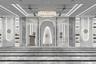 craft 3d mosque facade,worship space, islamic center,interior prayer hall render