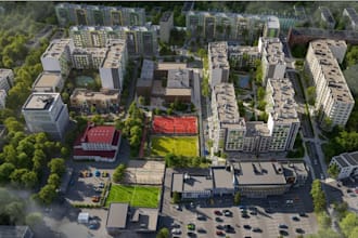 recreate 3d apartment buildings, landscaped courtyards, residential courtyards,