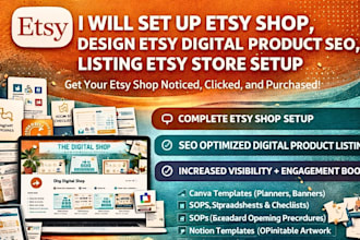 set up etsy shop design etsy digital product seo, listing etsy store setup