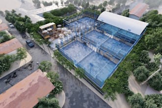 remodel padel court complex,sport complex render, layout plan,outdoor bar,tennis